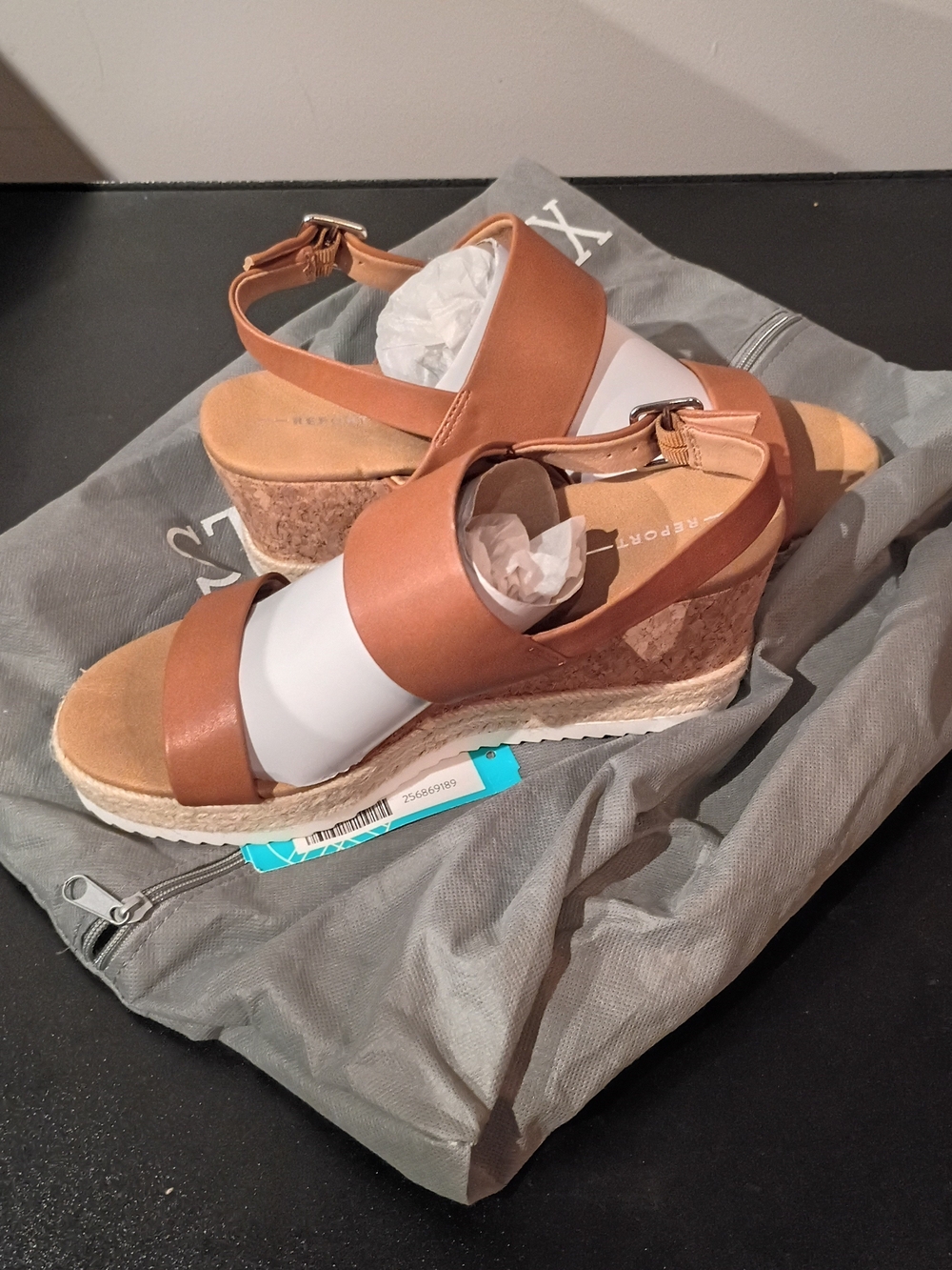 Report Brown and White Cork Espadrille Wedge Sandals